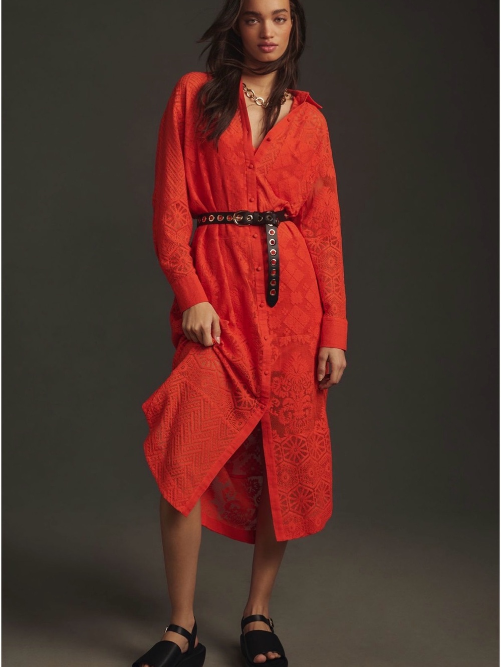 Maeve Long-Sleeved Collared Shirt Dress in Bright Orange Button-Front Midi